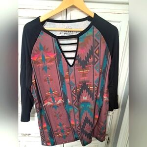 Crazy Train Aztec Long Sleeve Top - Black and Multicolor